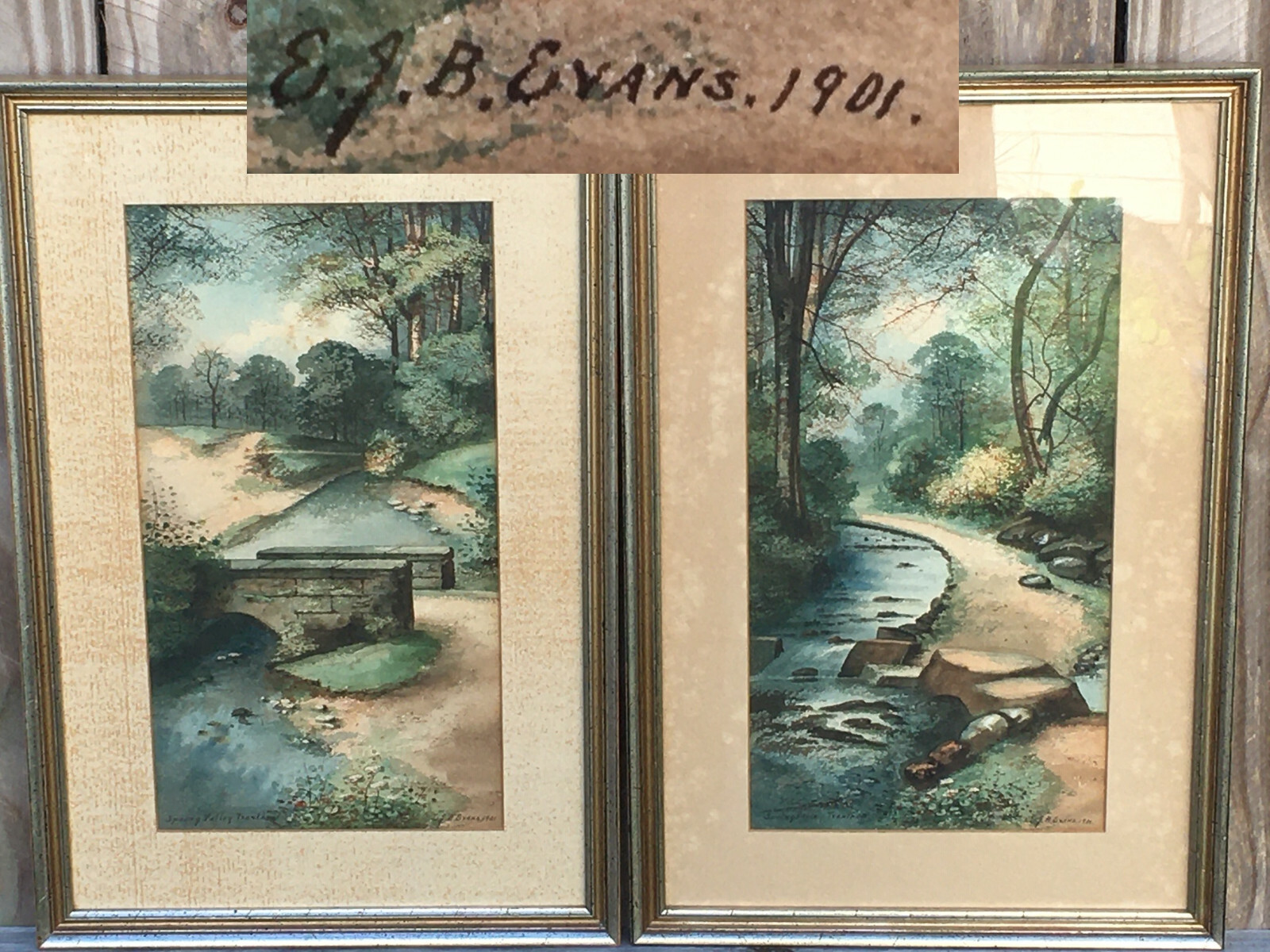 2 Antique 1901 Landscape Watercolor Painting E.J.B. EVANS Spring Valley England