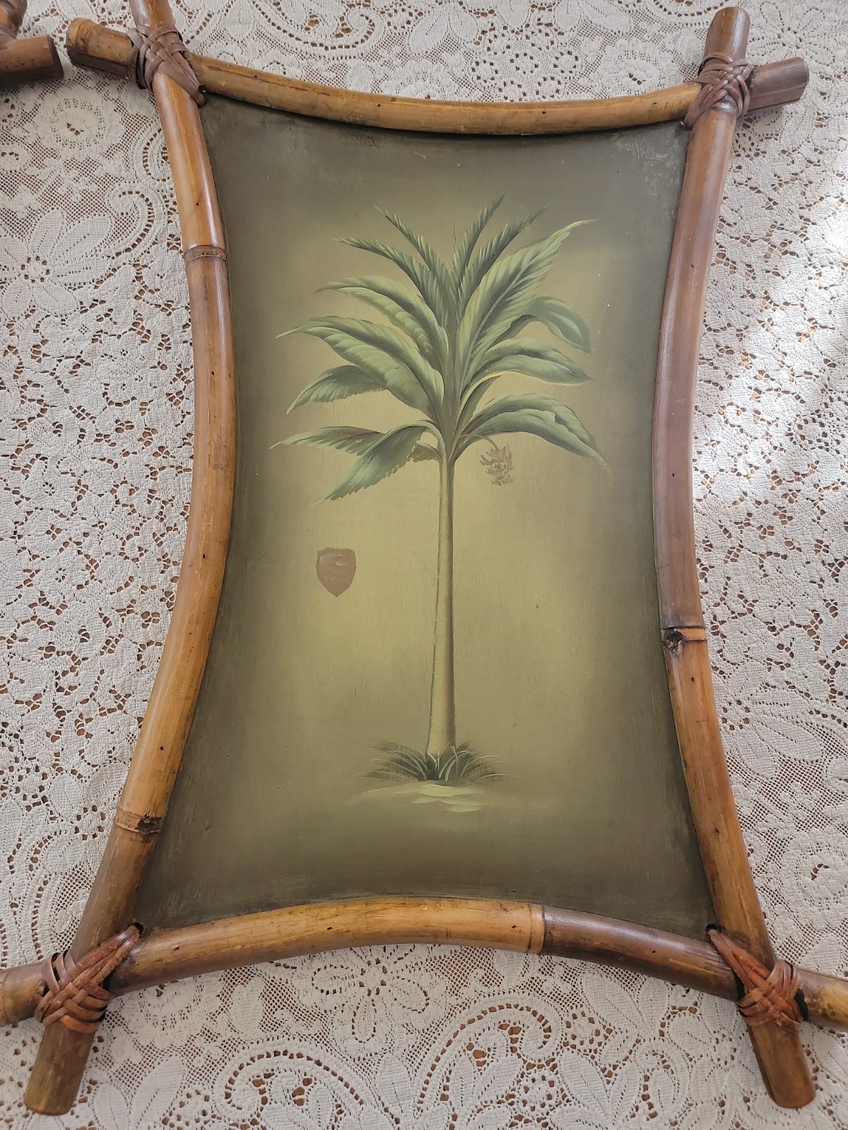 2 Vintage Bamboo Tikki Frames Palm Banana Tree Tropical Paintings 20″×27.5×1.5″