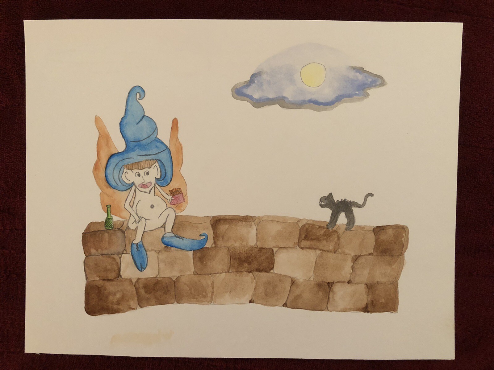 Elf Watercolor Print-Let’s have a Bottle of Wine – 8 1/2″ x 11″ Print