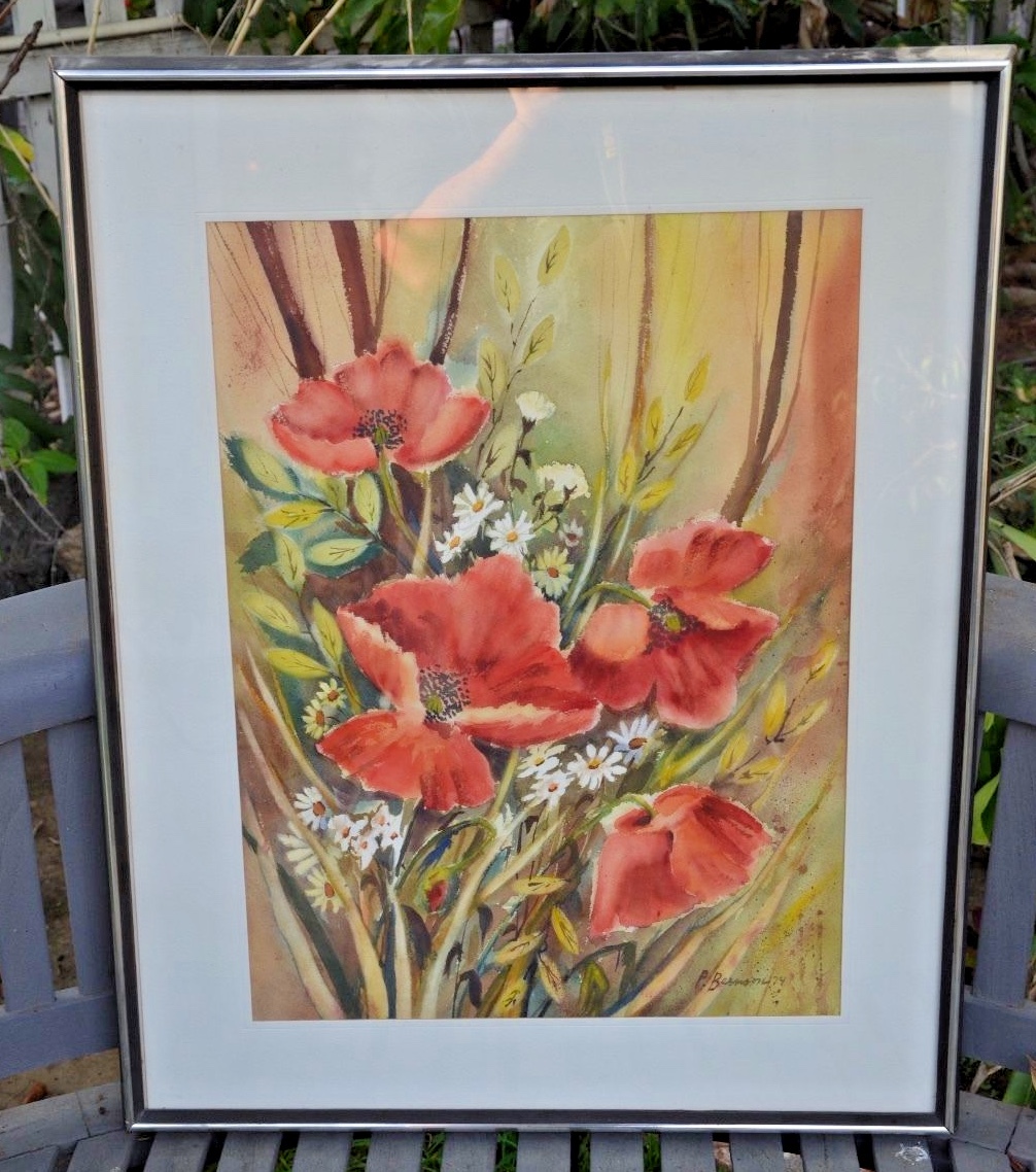 Vintage 1974 Signed Water Color Painting by Paulette BERNSON ~ Red Poppies