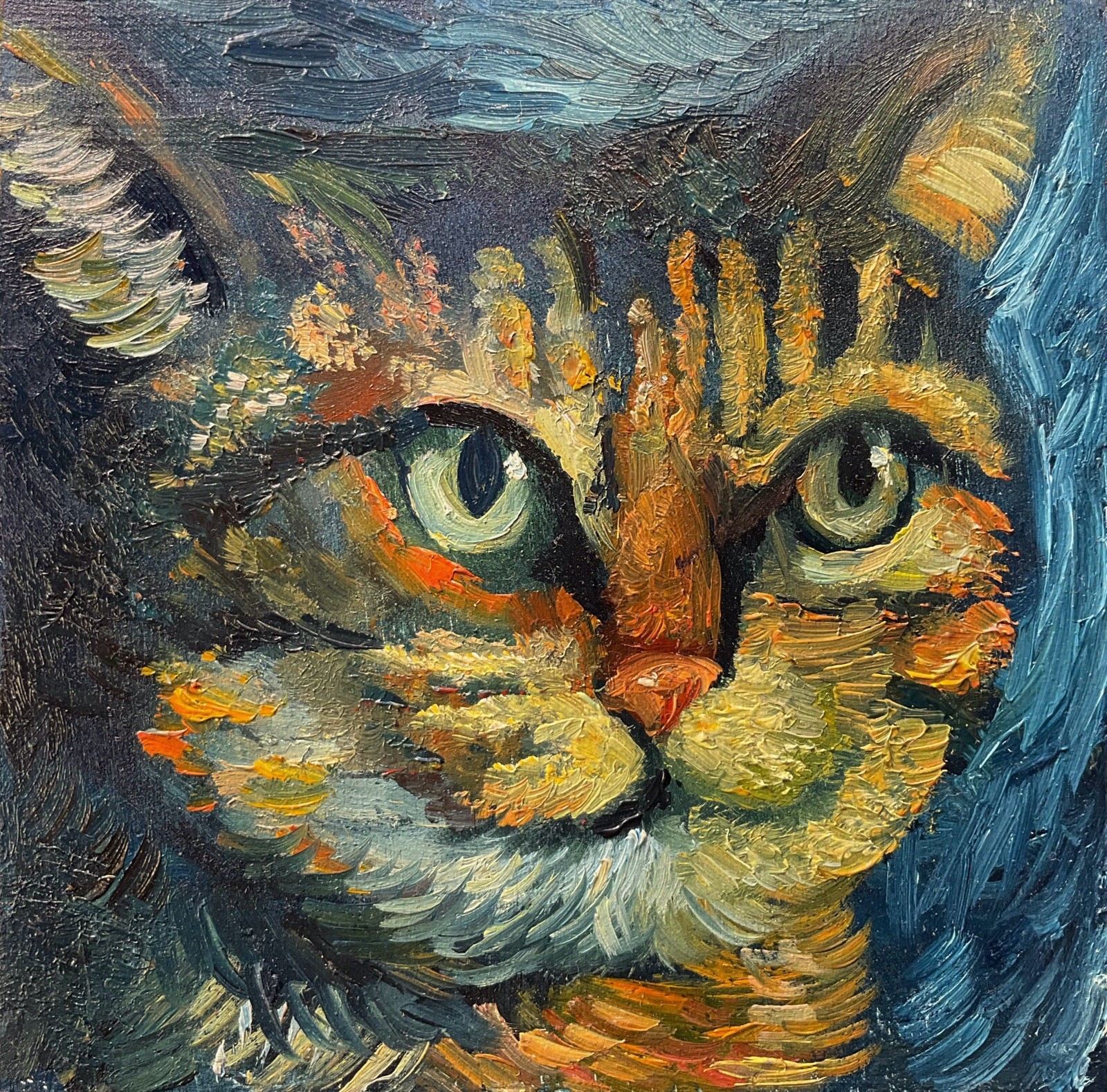 Original Mini Oil Painting Blue Green and Yellow Cat By Amalia Angulo