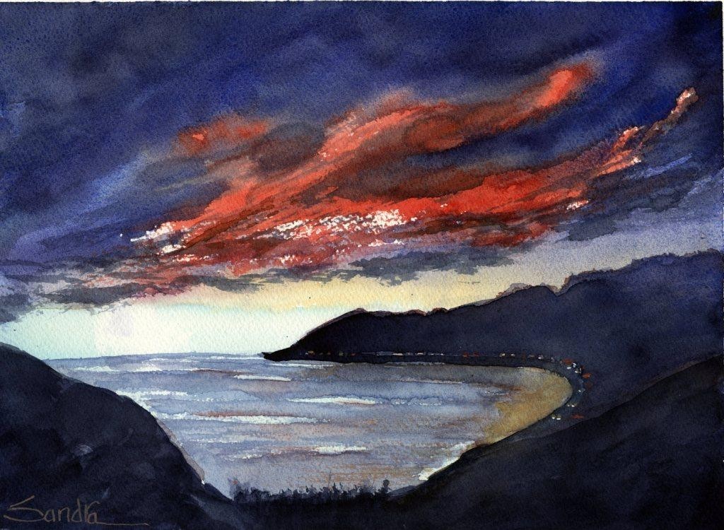 PCH Ventura County – SandraWatercolors™ ORIGINAL Watercolor Coastal Sunset 12×16