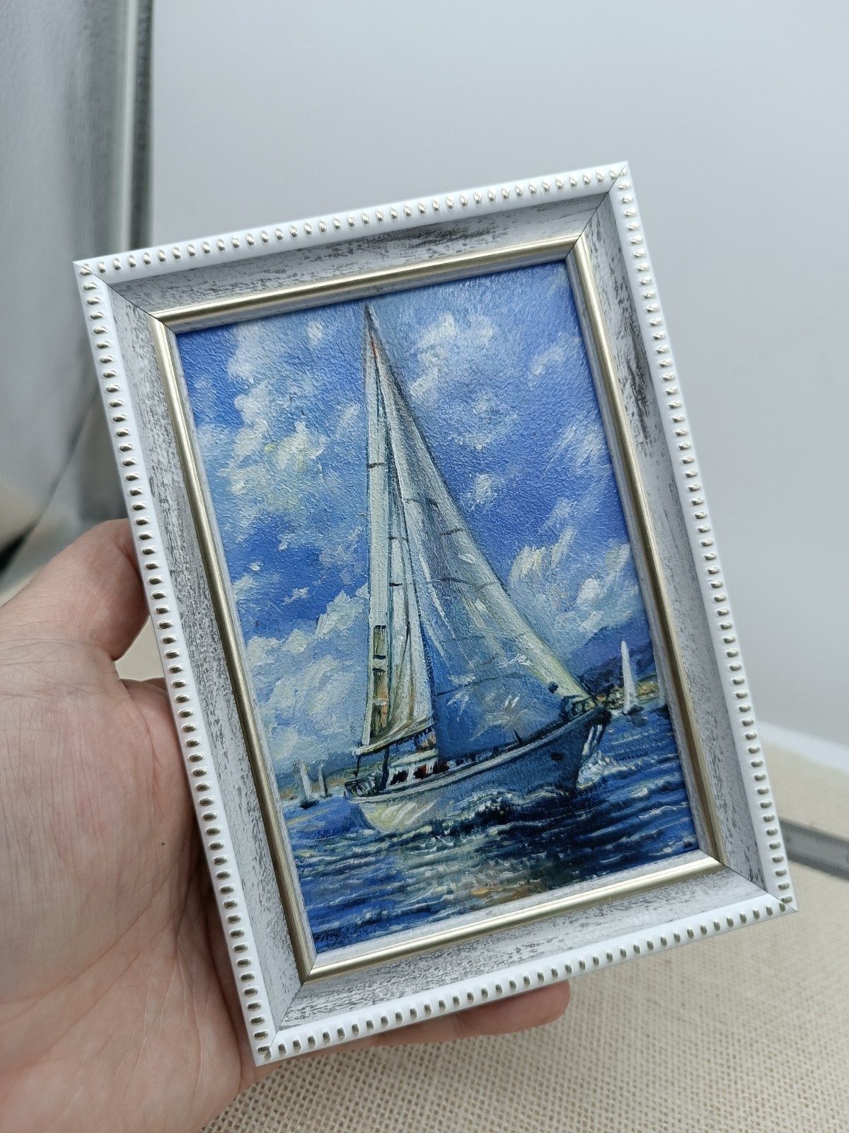 Sailboat Original Oil Painting 4×6 Framed Signed Yacht Marine Seascape Sea Art