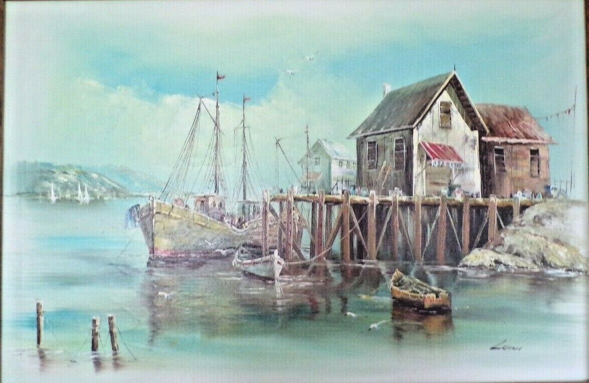 Original Hand Painted Framed Oil Painting Of N.E. Fishing Harbor By John Luini