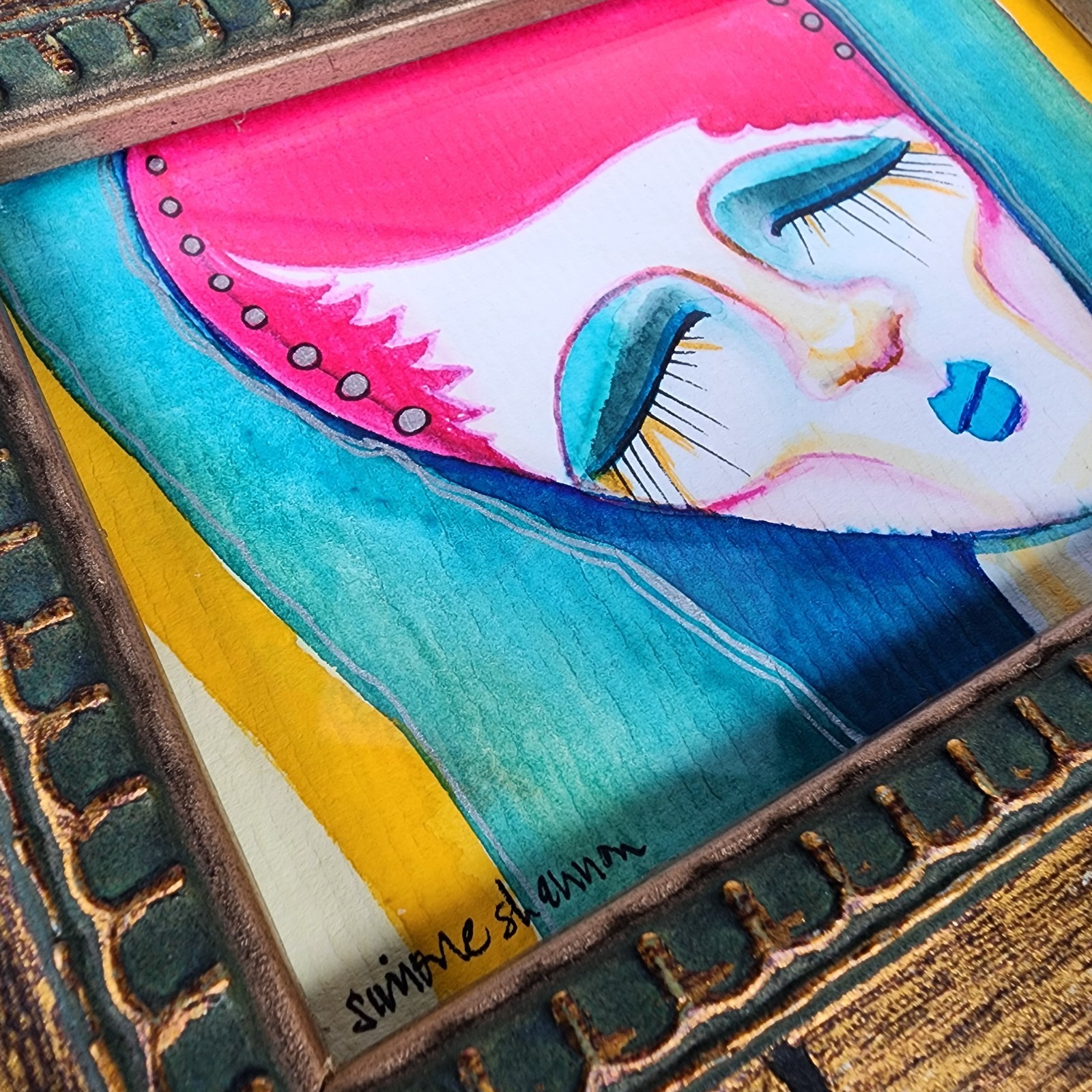 Small Original Watercolor Painting Veiled Colorful Peace Meditation Framed Gold