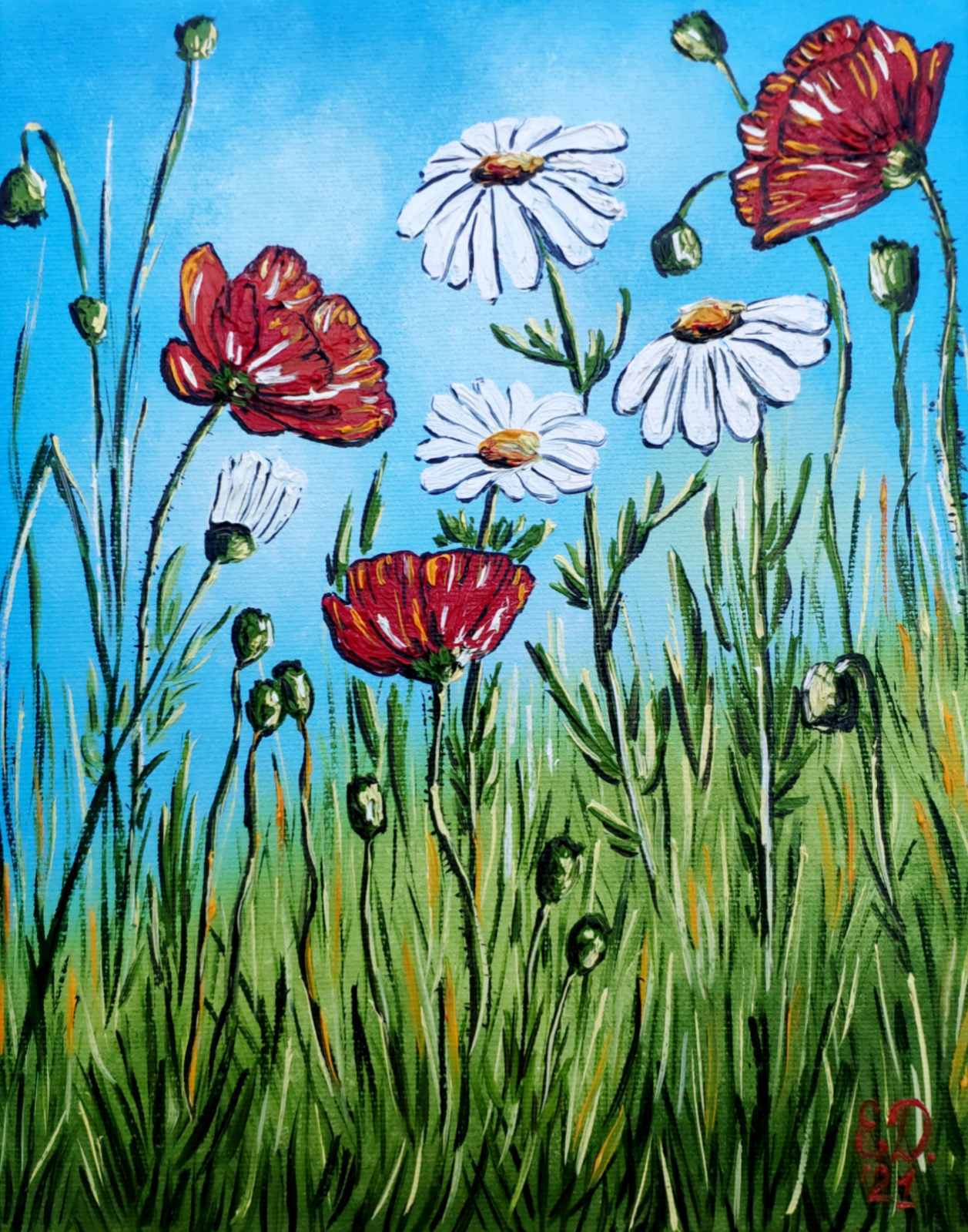 Poppy Painting Daisy Field Art Floral Original Oil Painting 12×9» Flowers Art