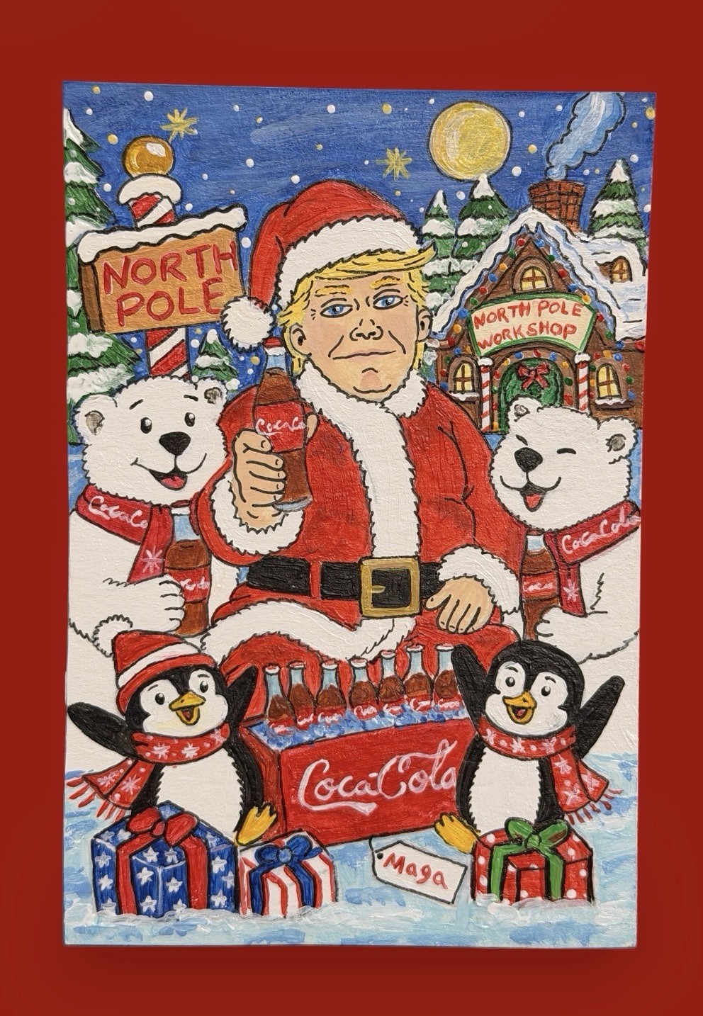 SJP Trump Christmas Santa Bird Polar Bear Aceo painting Trading Card Art Coke