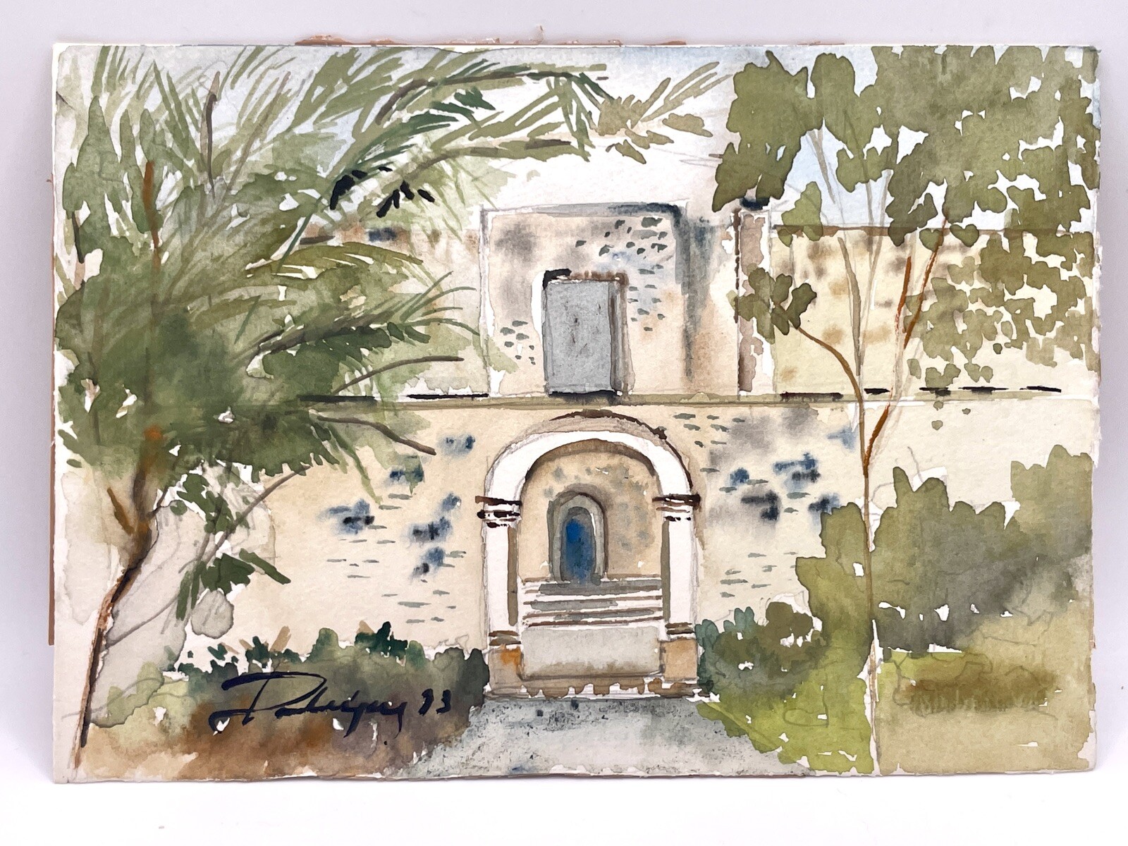 Villa Scene Postcard Sized Original Watercolor On 100% Cotton Signed By Artist