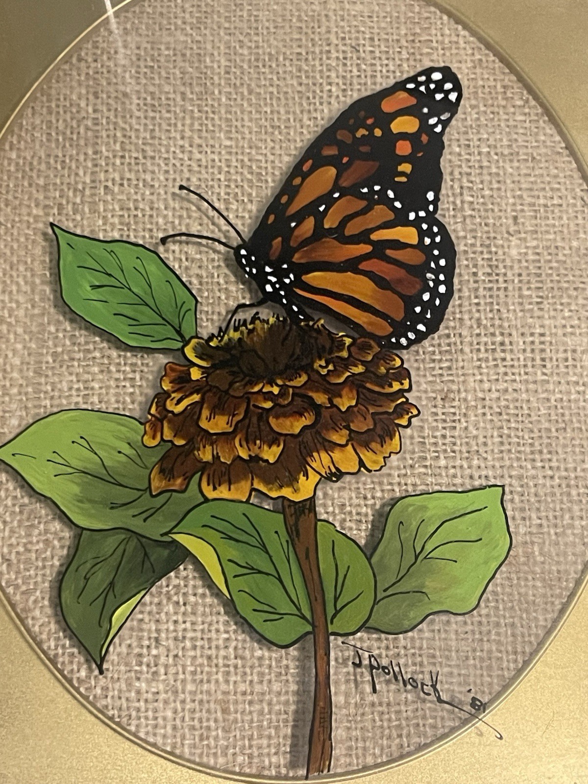 Vintage 1981 Reverse Glass Butterfly Painting Burlap Framed Art Pollock