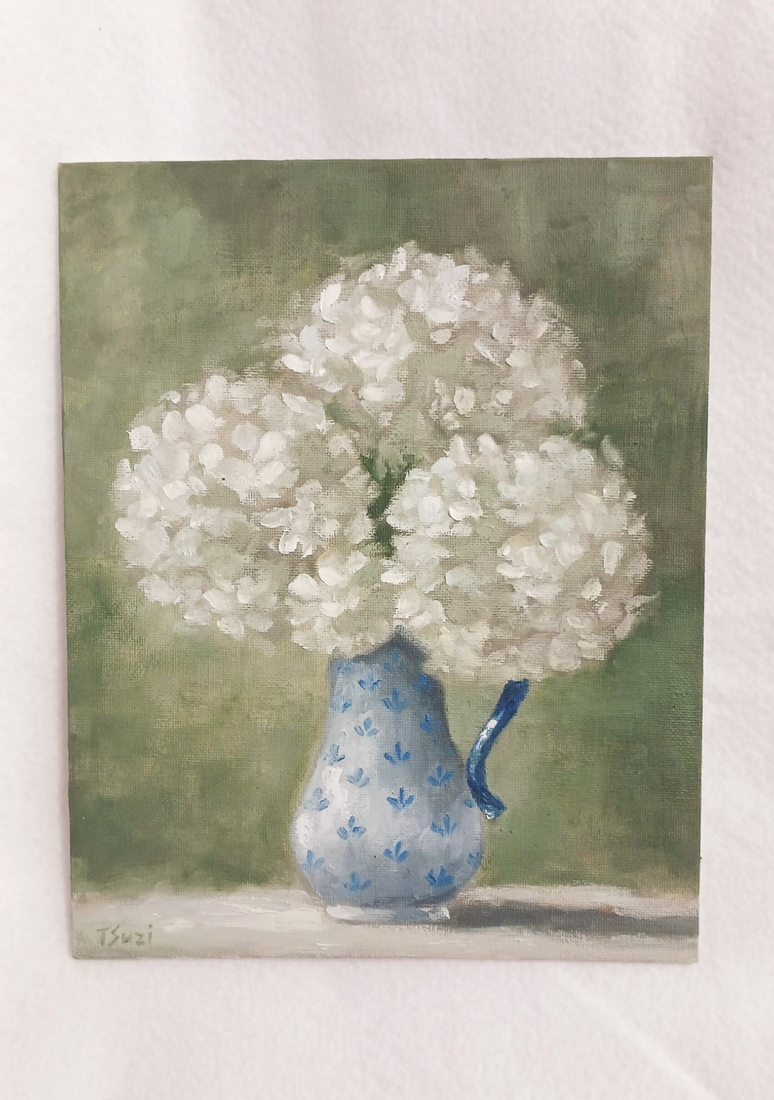 White Hydrangeas ORIGINAL Oil Painting Flowers Vintage Vase 8″ x 10″