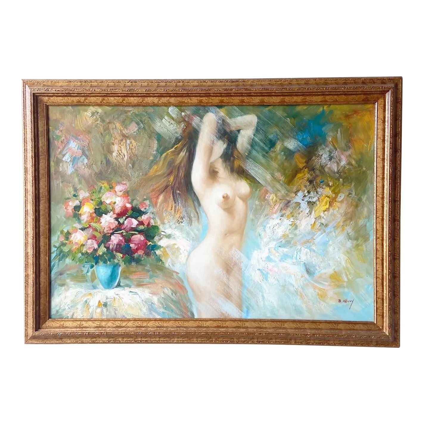 Woman With Flowers, Framed and Signed Oil Painting by B. Danny
