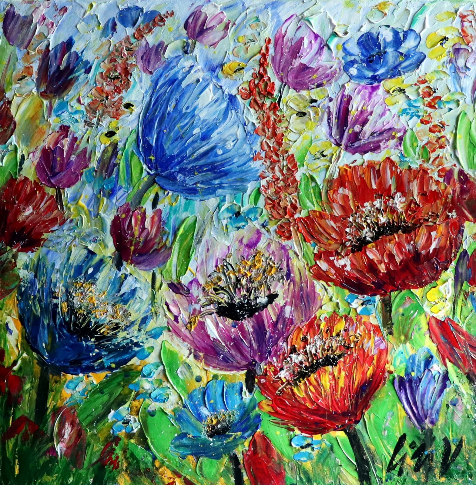 Colorful Floral Painting 24×24 Textured Wildflower Wall Art Original Canvas