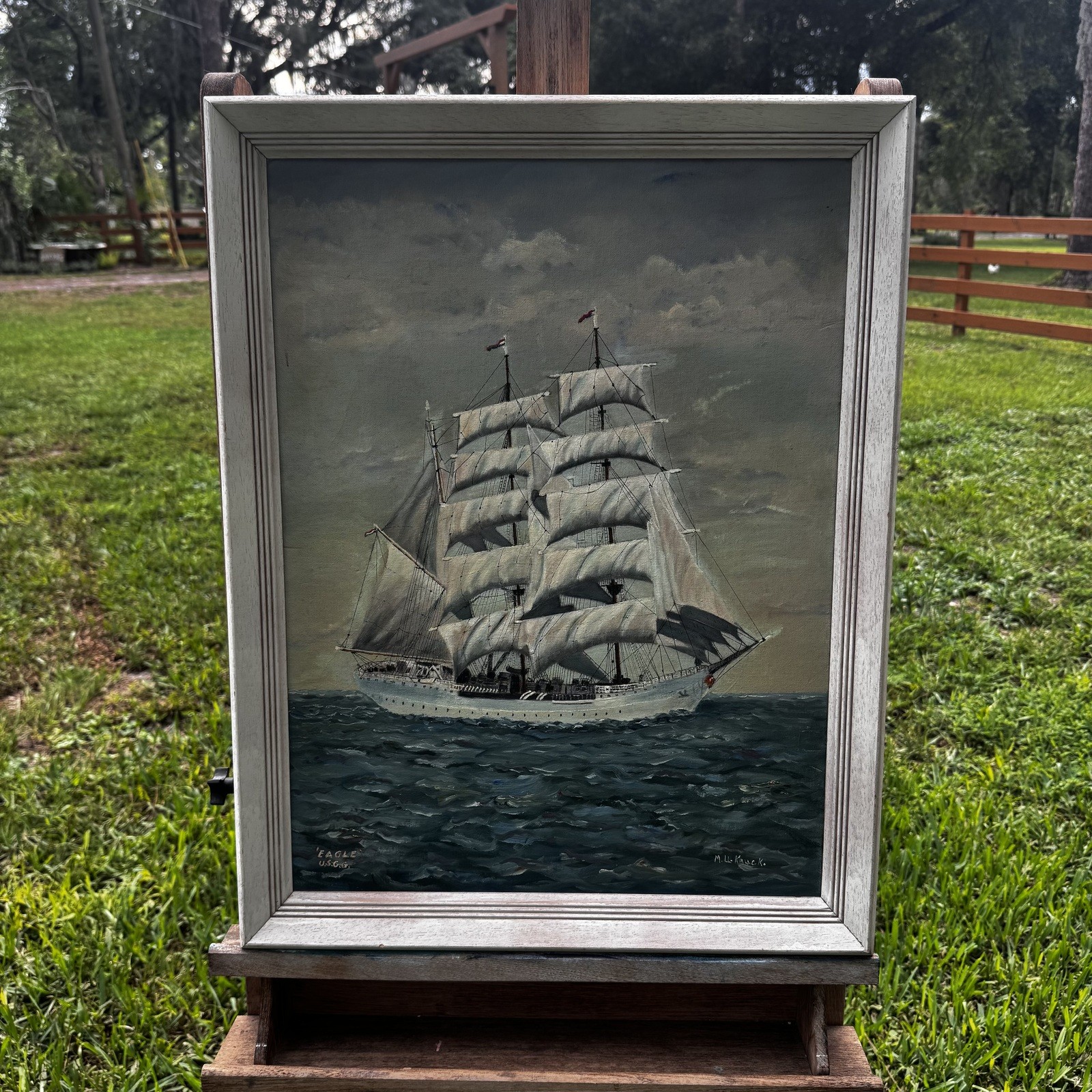Vintage USCGC Eagle Oil Painting Signed M. L. Kauck Framed Nautical Wall Art