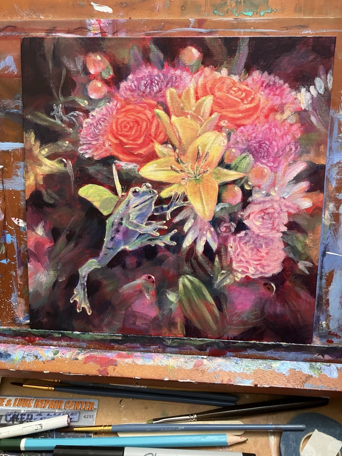 Original Flying Frog Painting floral art flowers ladybug Funny Artwork Amphibian