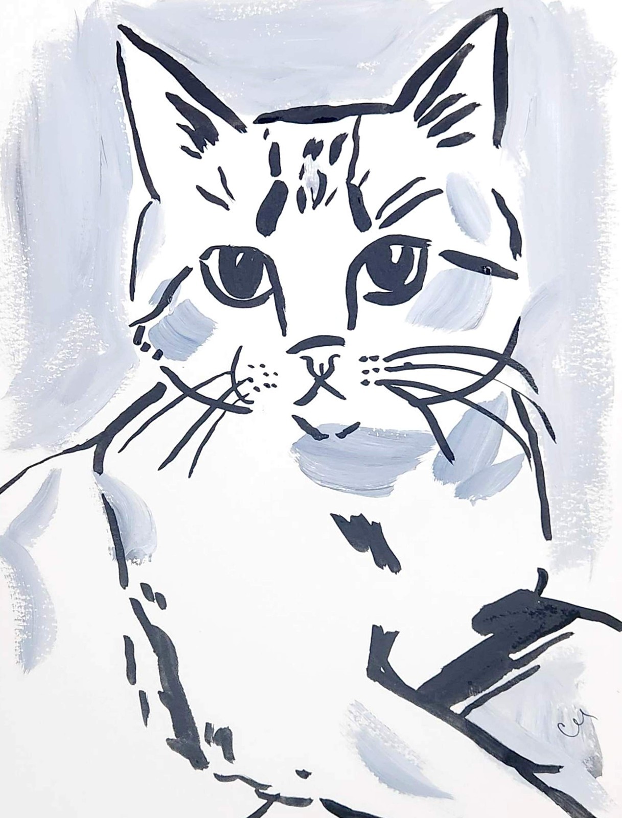 Original Minimalist 9×12 Cat Painting Acrylic Black White Wall Art Paper