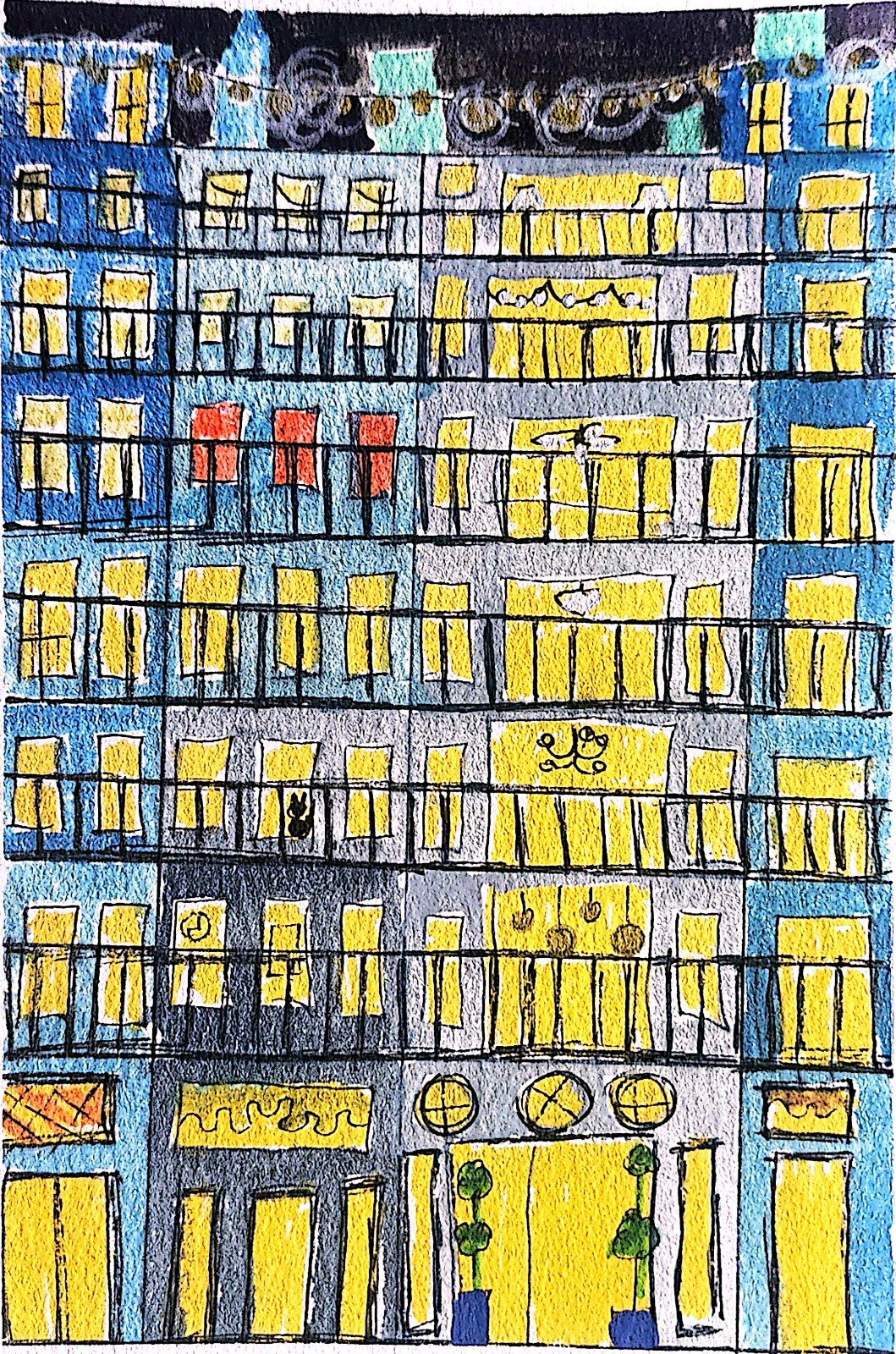Apartment Building Nocturne Original Expressionism Watercolor Paper 5×7 Signed