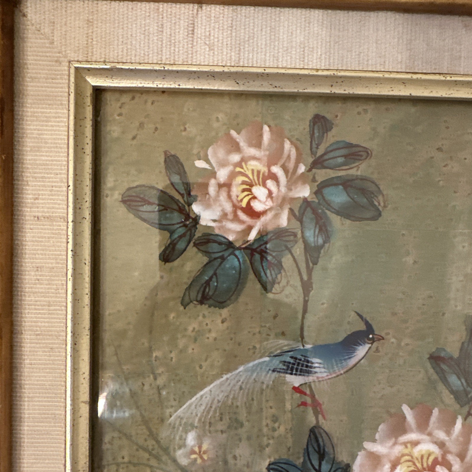 Watercolor Painting Asian Cork Paper Bird Flower Gold Bamboo Frame Signed 12×14