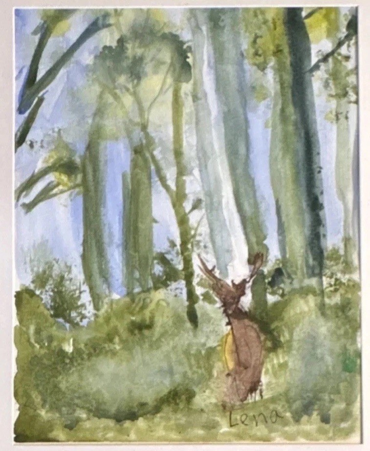 Original Watercolor Painting Signed Lena Deer Forest Nature Wildlife Framed