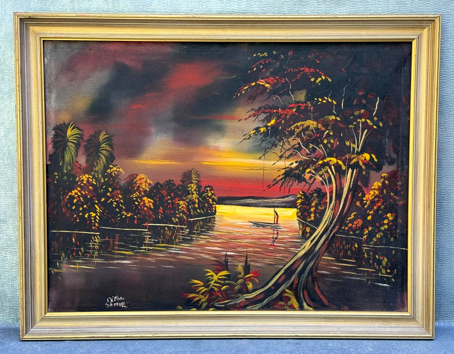 DINGA SAMUEL AFRICAN LANDSCAPE OIL PAINTING MAN CROSSING RIVER AFRICA CONGO MCM