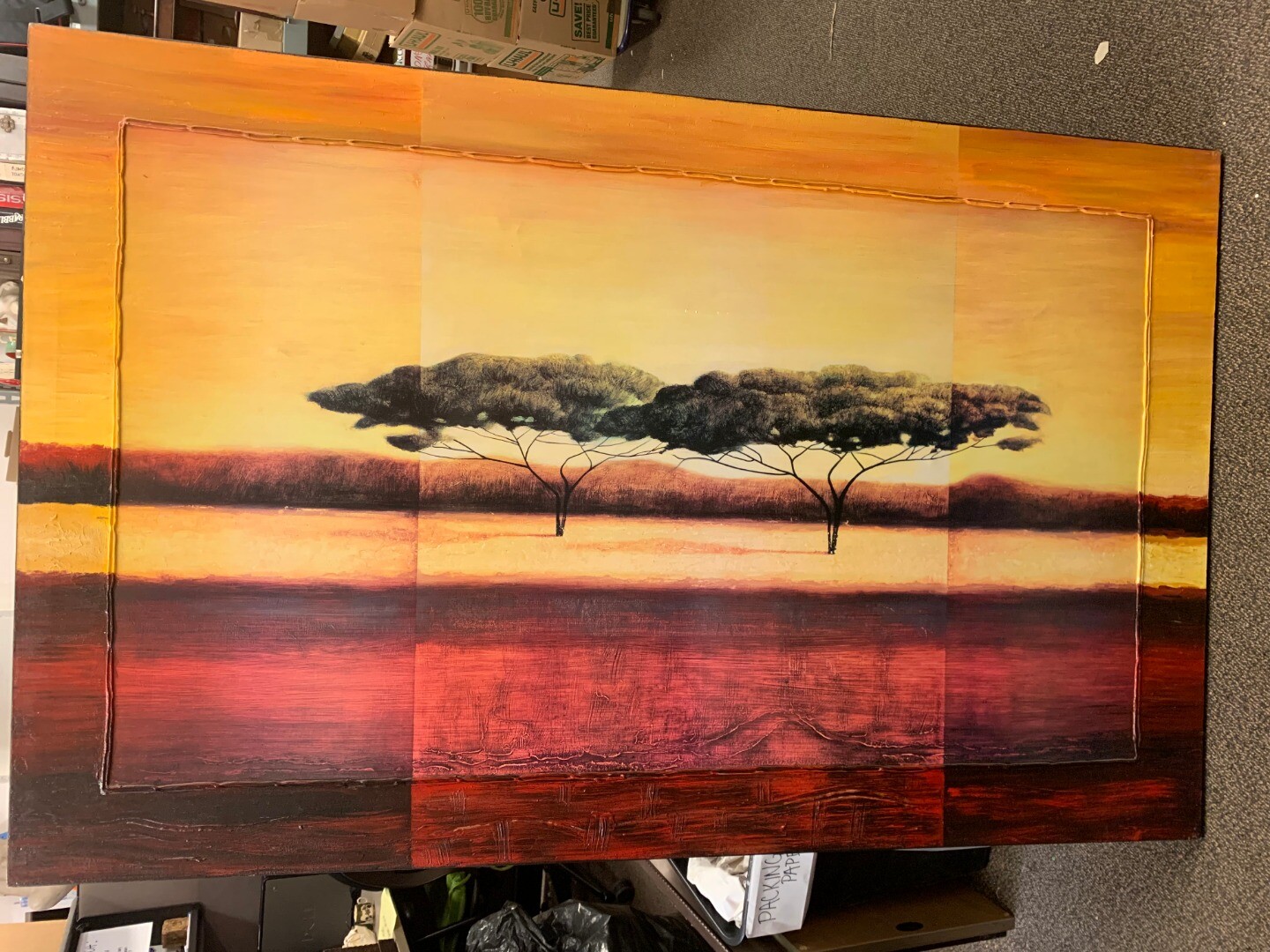 Colorful Giant Large Acrylic Painting Two Trees 60×38 Inches Orange Red Yellow