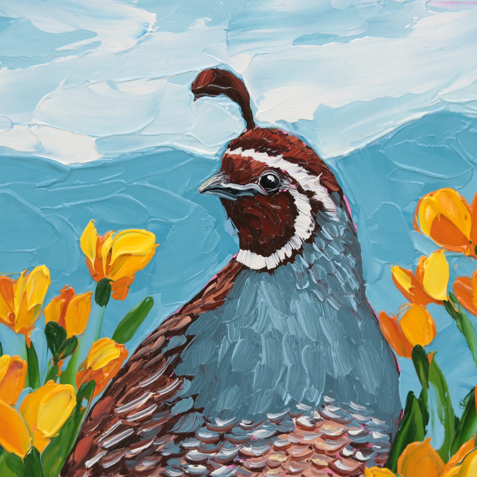 Quail Oil Painting California Poppy Flower Art Original Impasto Bird textured
