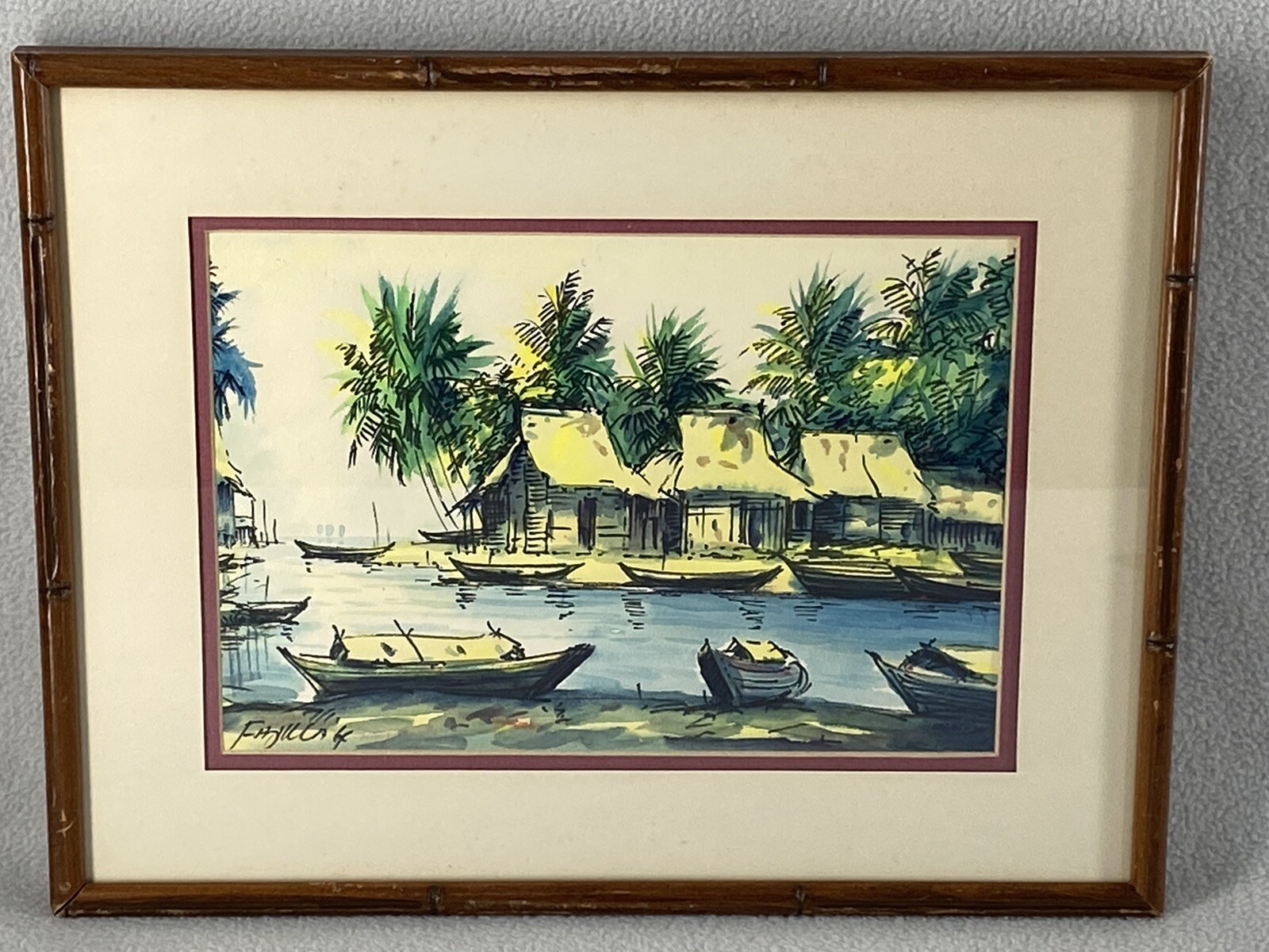 Vintage Asian Landscape Watercolor Boats Huts Palm Trees Signed Framed