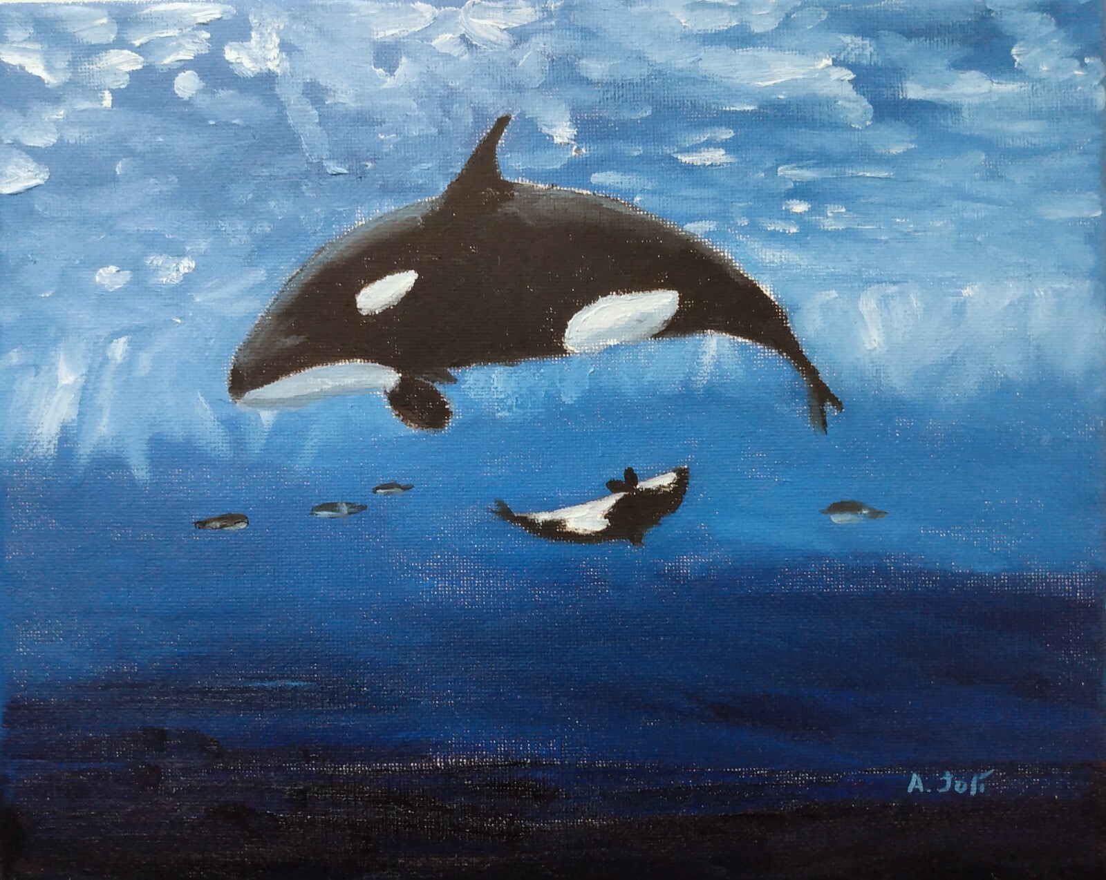 Oil Painting Orca Whales Mother Baby Landscape Animal Wildlife Art A. Joli