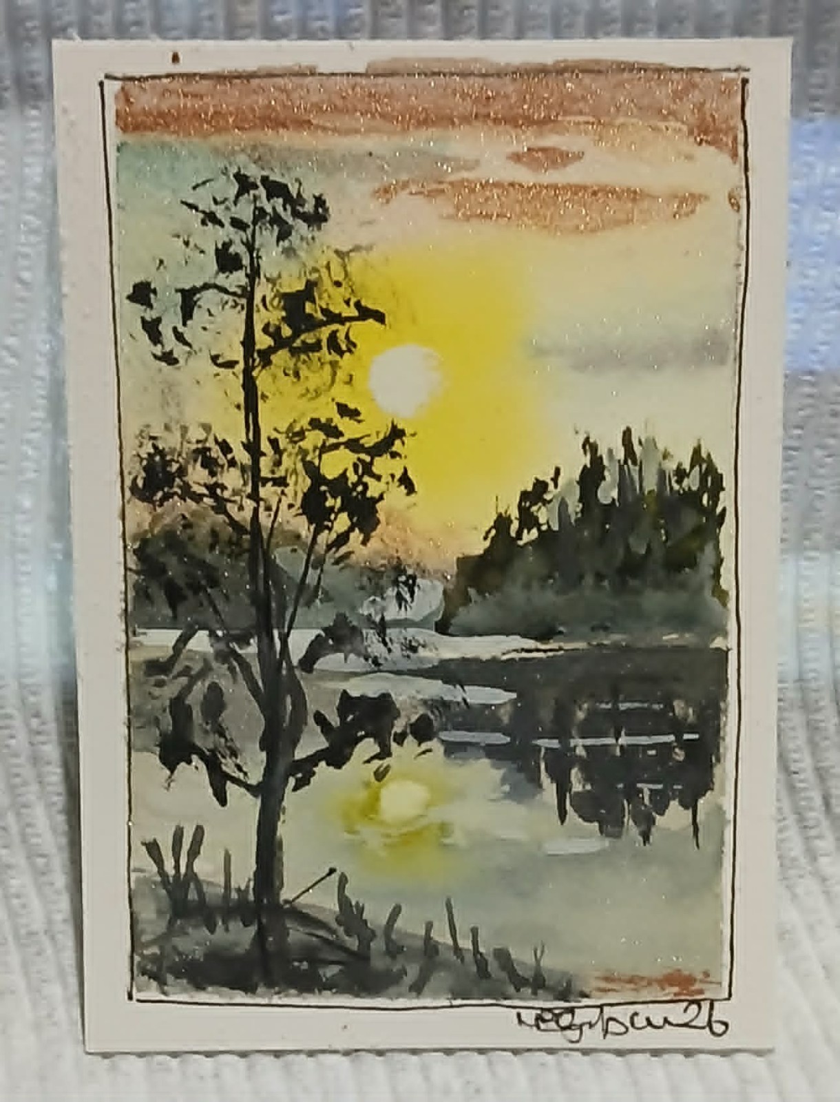 Serenity Landscape — Winter Sun Over Still Lake ACEO OOAK Watercolor