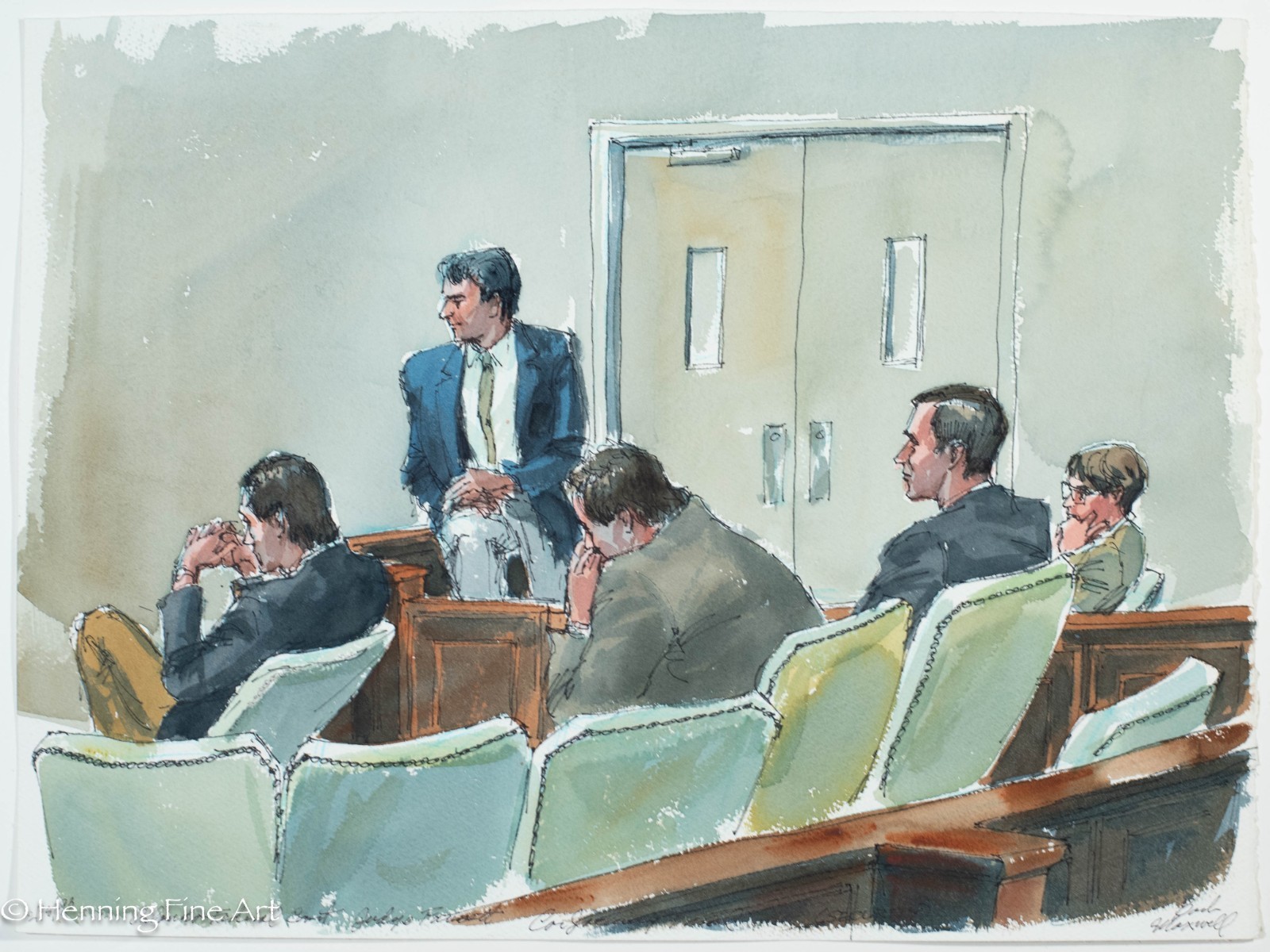Rare Courtroom Sketch Painting Orlando Car Jacking Trial Judge P. Fawcett 15×20″