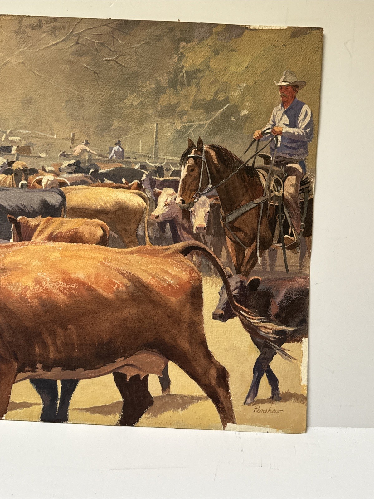 VINTAGE COWBOY PAINTING WESTERN RANCH COWBOYS FARM FARMING AMERICAN COWS