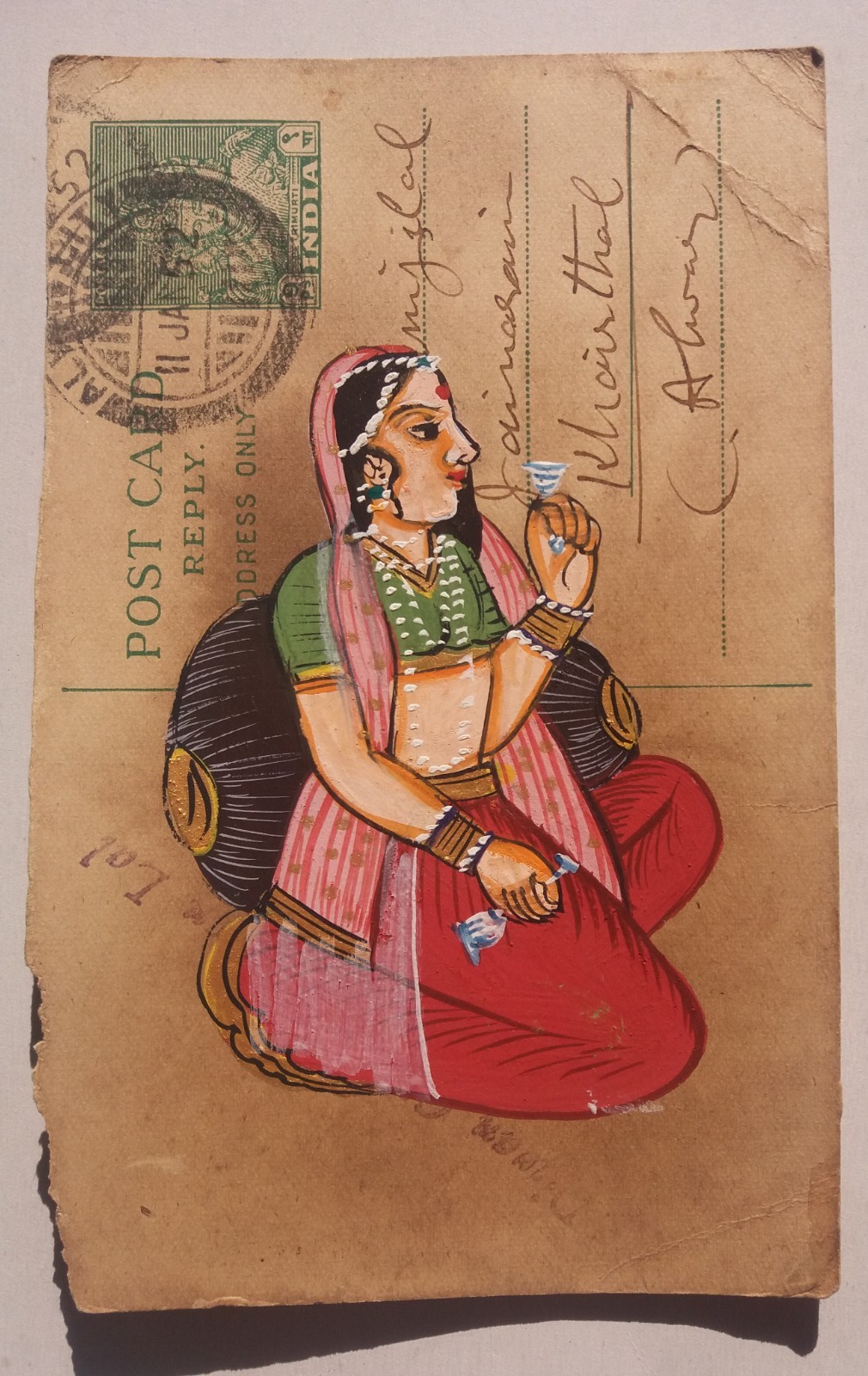 INDIA OLD POSTCARD JAIPUR PAINTING QUEEN GIRL LADY WOMAN 3.5X5.5 INCH #4