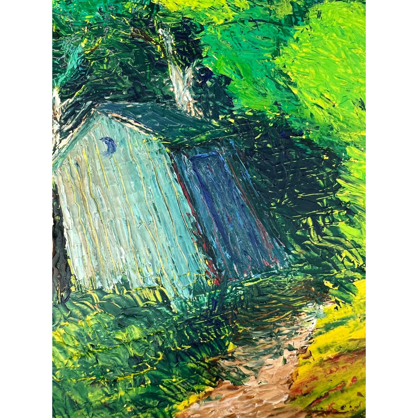 Signed Outhouse in Woods Oil Painting Impressionist Palette Knife Art H E Bayer
