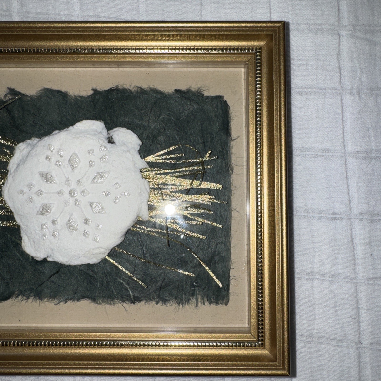 Small Embossed Pressed Paper Pulp Art Snowflake In Gold Frame