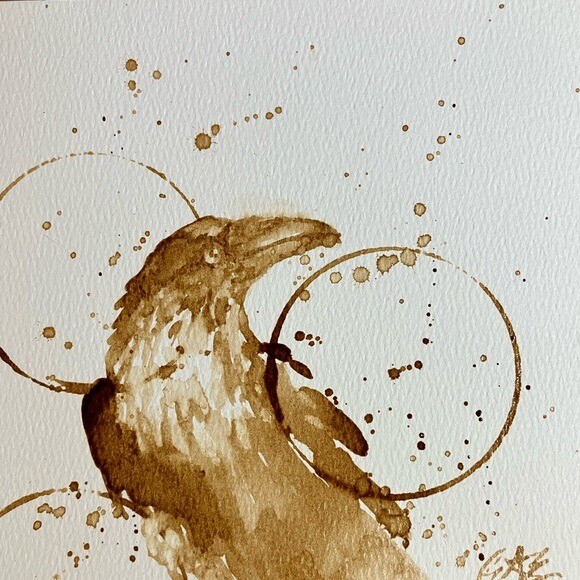 Original Coffee Crow Painting Raven Bird Art Java Home Decor Artwork USA