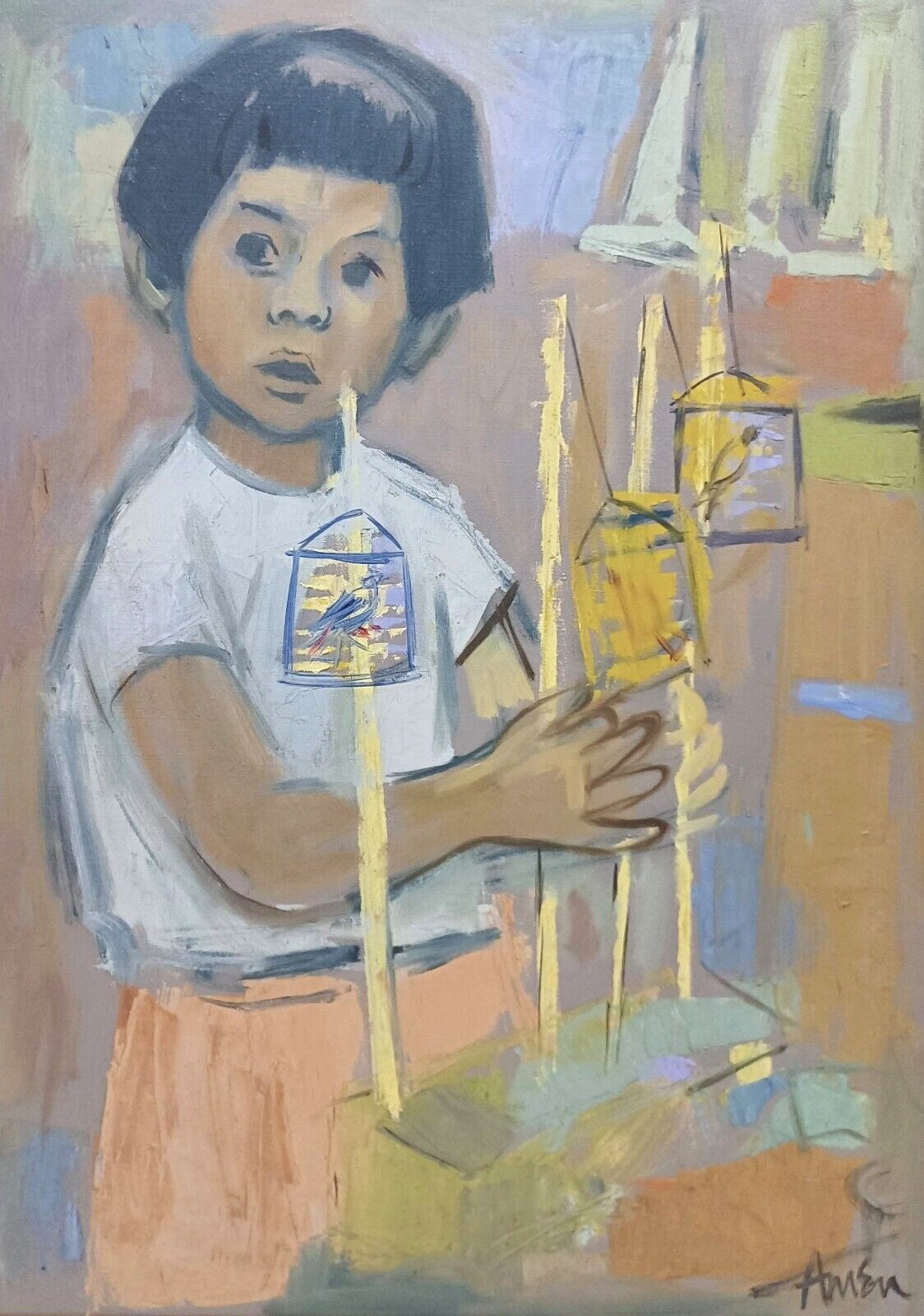 LISTED AMERICAN IRVING AMEN SIGNED ORIGINAL OIL on CANVAS BOY w/ BIRDS FRAMED
