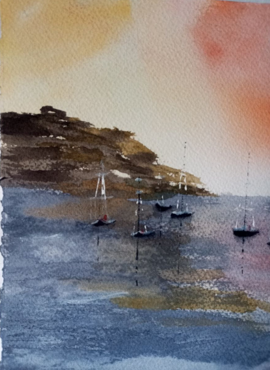 paintinwatercolor seascape quiet harbor sea sailboats beautiful sky sunrisegift