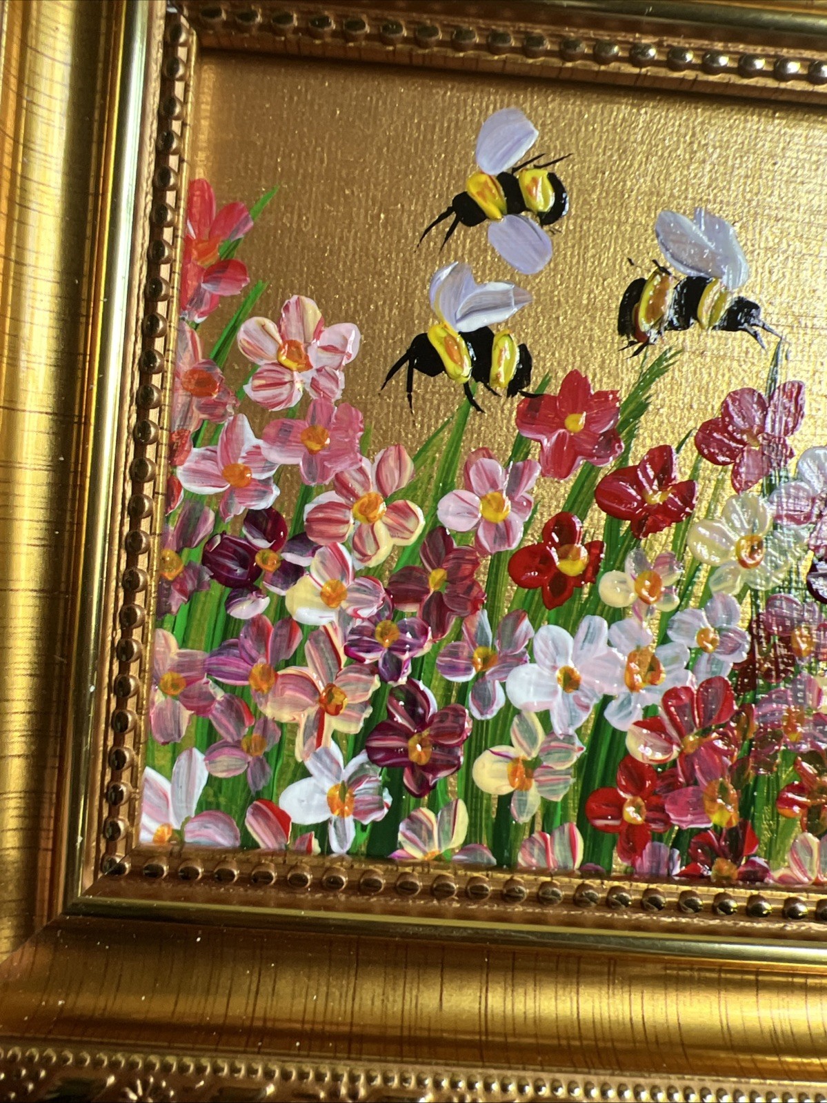 Bee, Honeybee Wild flowers, original,miniature Painting,small,mini, Framed