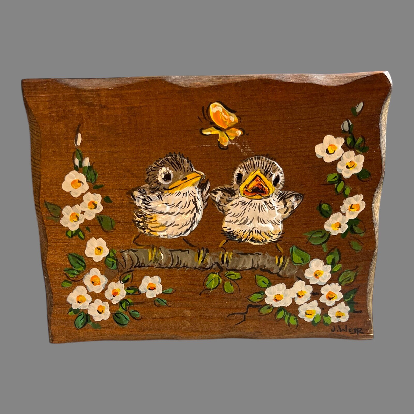 MCM Baby Bird Fledgling Painting On Wood Stand Up Picture Decor Cute Painted
