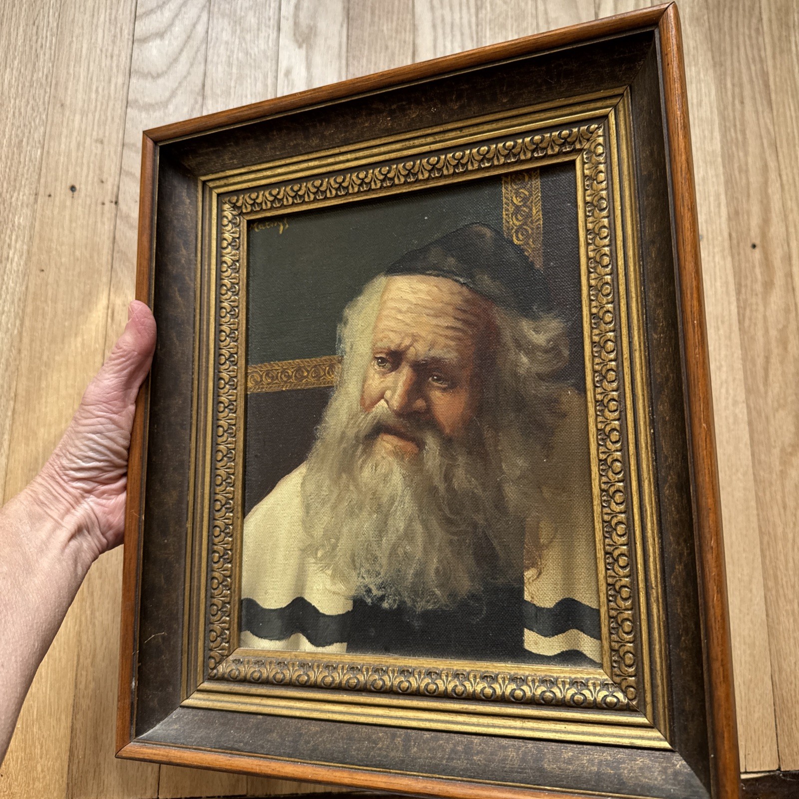 Vintage Oil Painting On Canvas Rabbi Judaica Framed And Signed -A