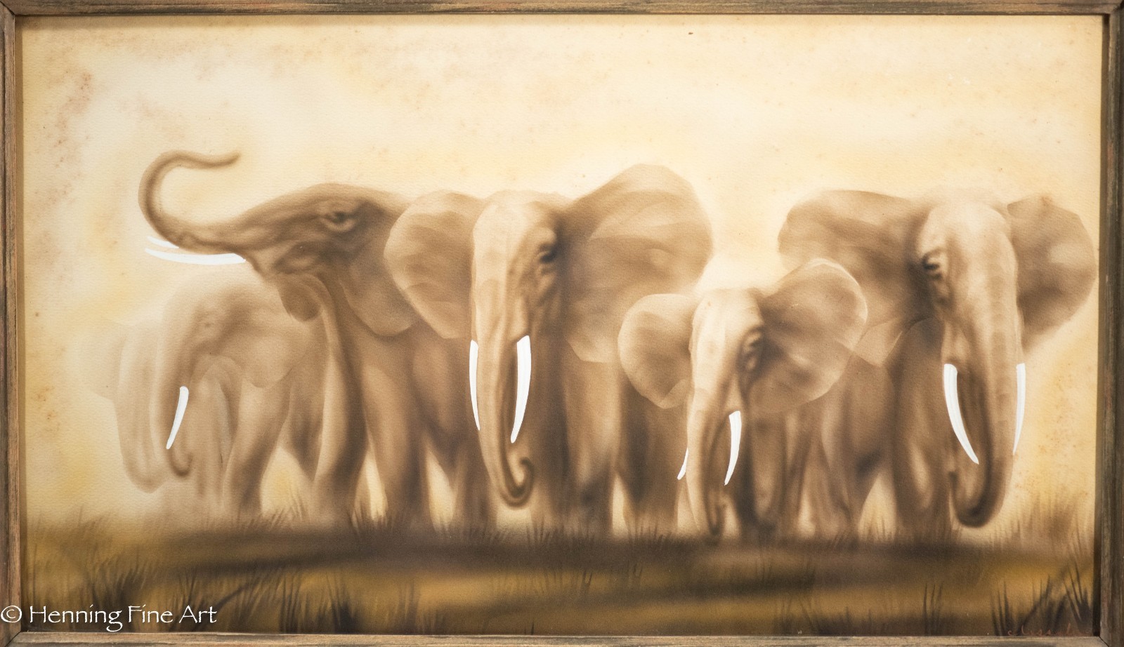 Beautiful Antique Painted Litho Elephant Family Illegibly Signed Framed 19 x 30″