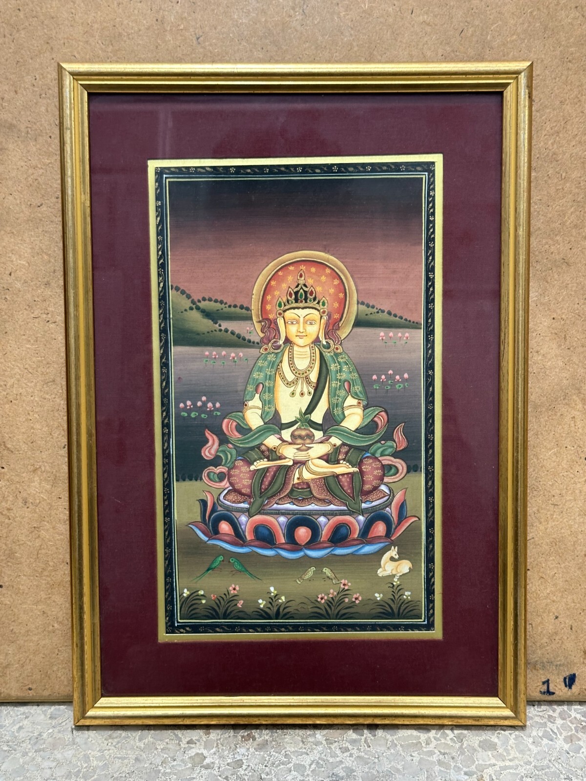 Buddha Painting Hand Miniature Lord Buddha On Silk With Frame 9.5×13.5 Inches