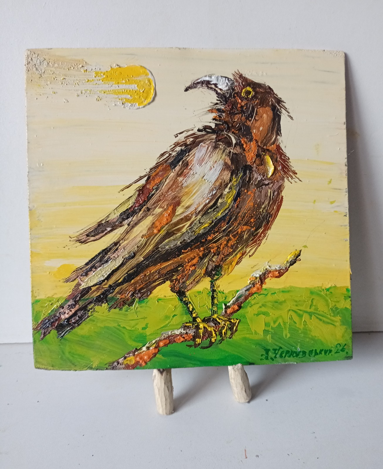 Raven Birds Impasto Painting Original Art Impression Oil Painting 7.8 x 7.8 in