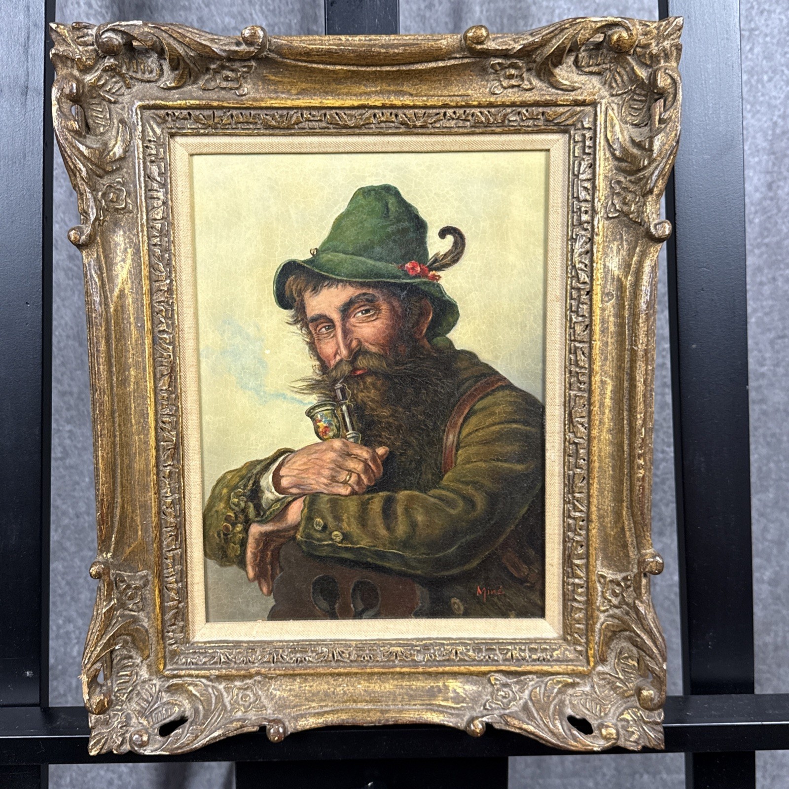 Casper Mine (1905-) Oil On Board Painting Portrait Man Smoking Pipe 13”x17”