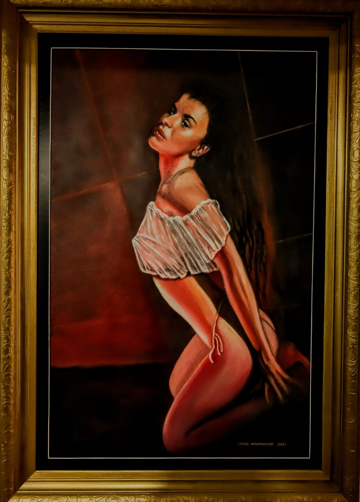 Original Painting Large Semi Nude Framed Acrylic On Canvas Titled Em 41″× 29″