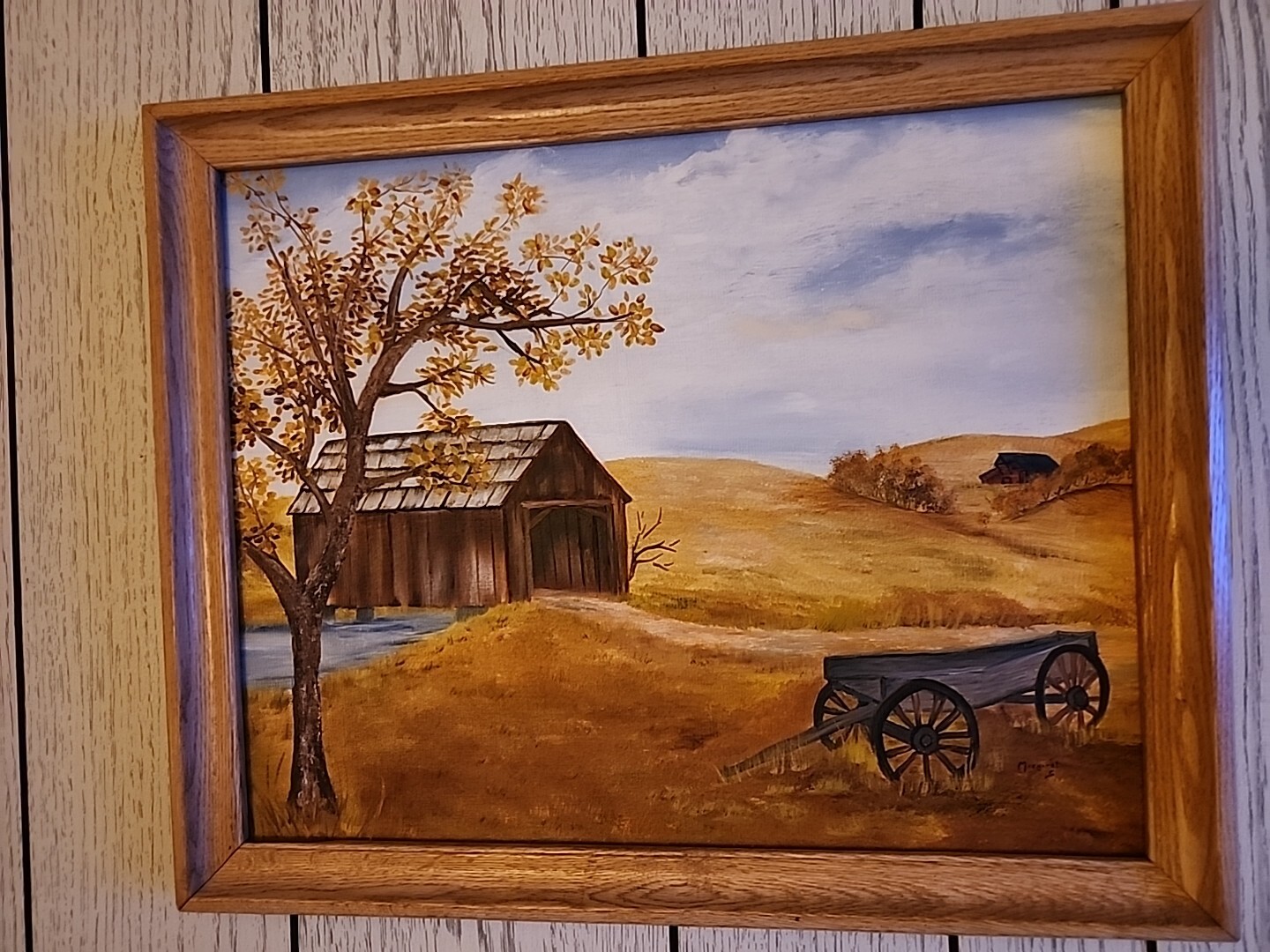 Vtg Wood FRAMED Painting Farm Still Life Wagon Rolling Hills Art Picture Signed