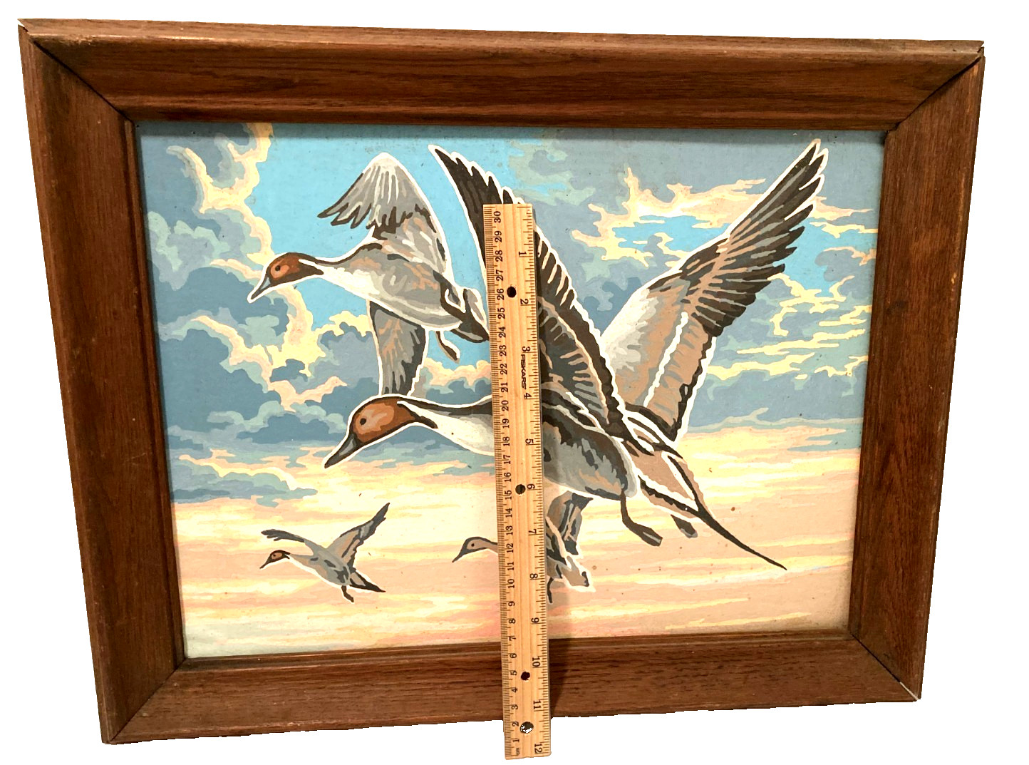 Vtg MCM PBN Hand Paint by Number Northern Pintail Flying Ducks Framed 18.75″x15″