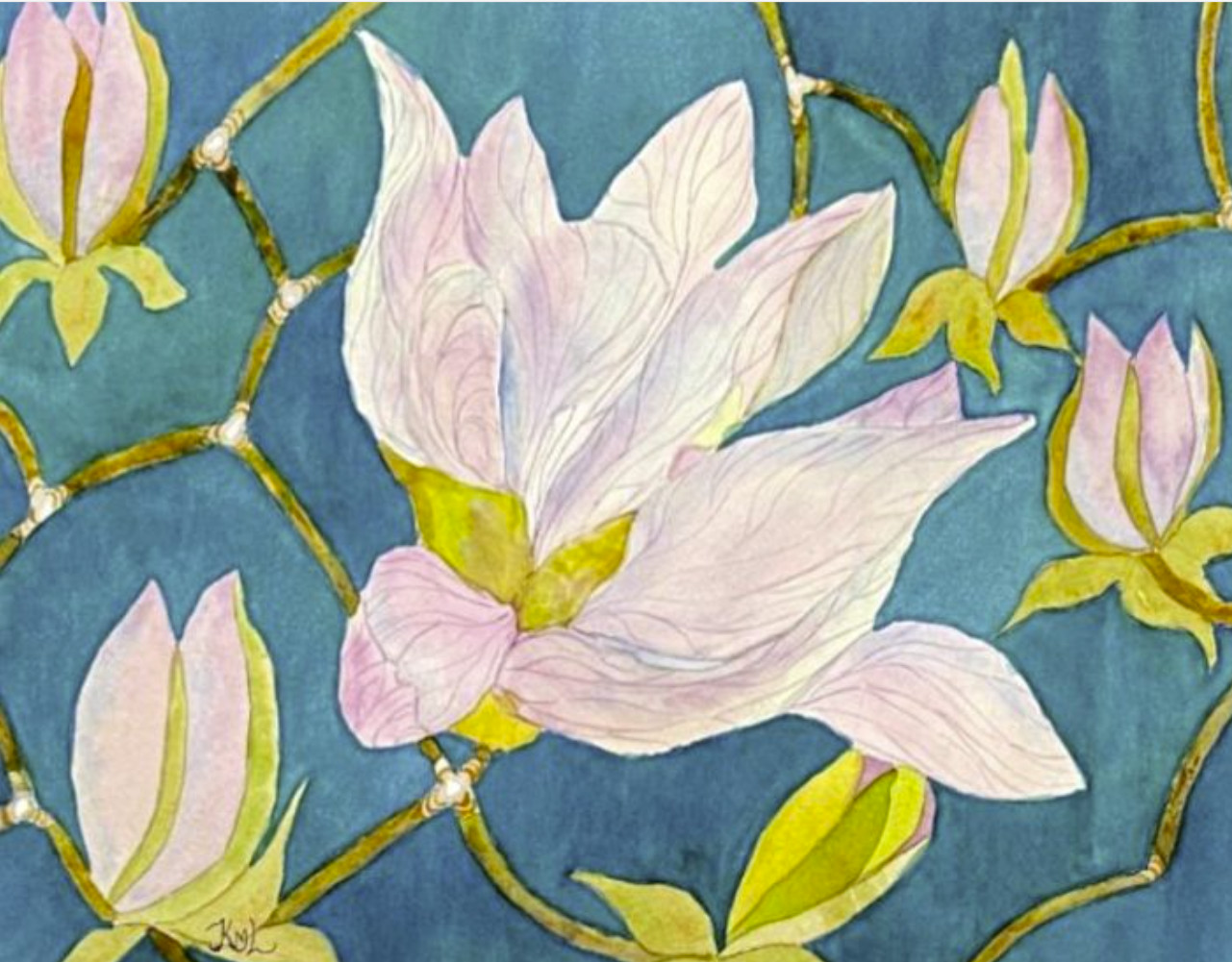 PAINTING WATERCOLOR 11X14 and WHITE MAT 16X20 FLOWER MAGNOLIA PINK LAVENDER BLUE