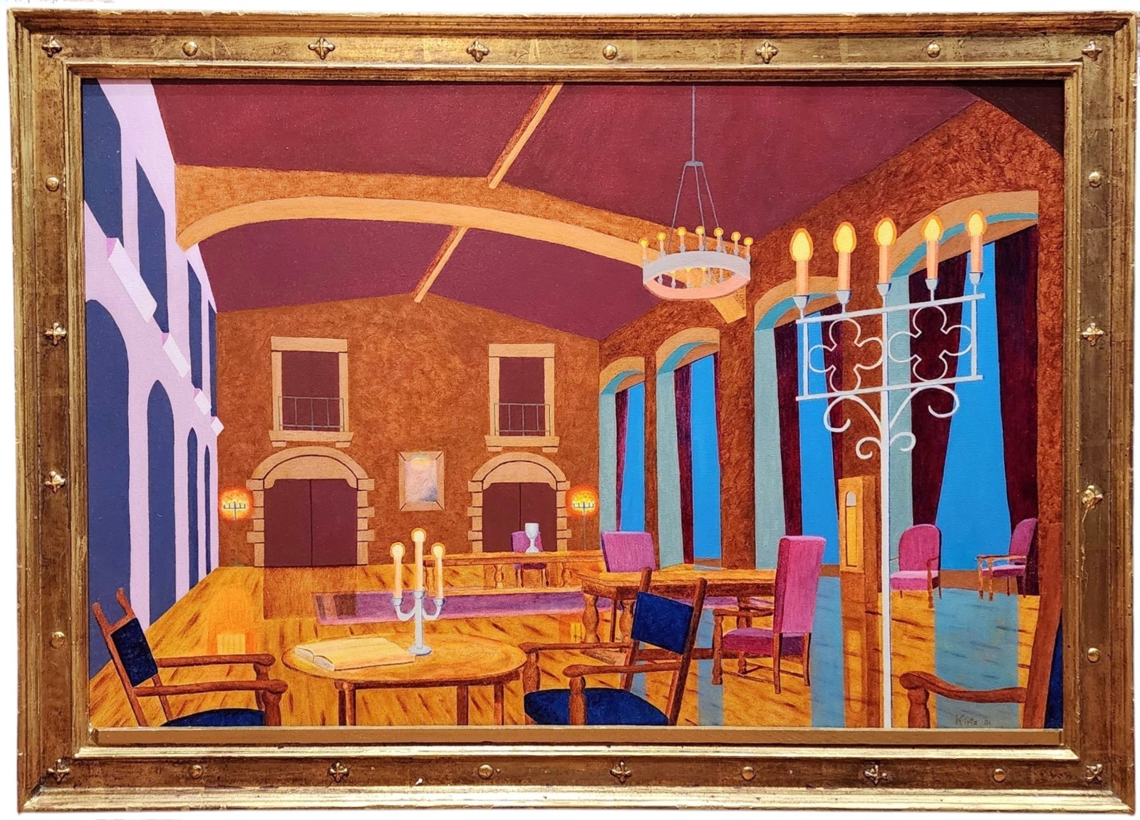STYLE Of EYVIND EARLE, DISNEY, GOTHIC INTERIOR, VINTAGE OIL ON CANVAS, UKNOWN