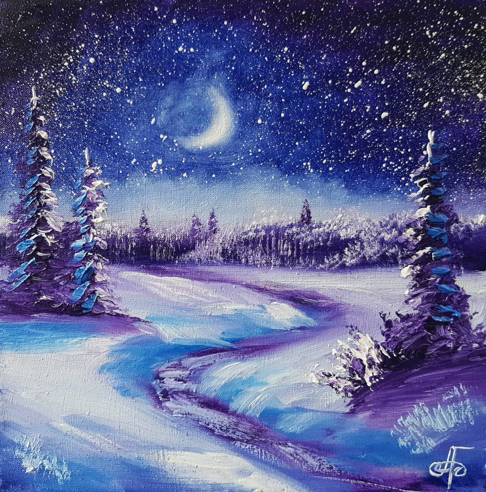 Original Oil Painting Moonlit Winter Landscape Path Snow Field Forest Canvas Art