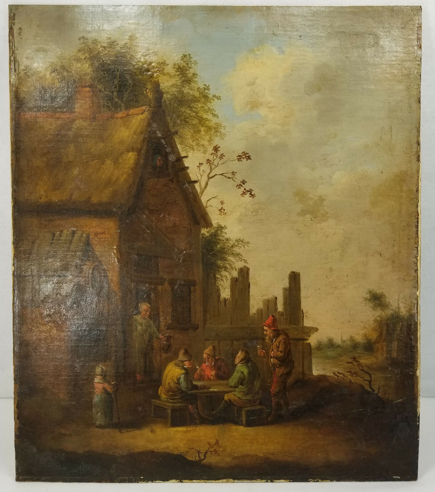 Antique 17th/18th Century Dutch Old Master Village Landscape Oil Painting Canvas